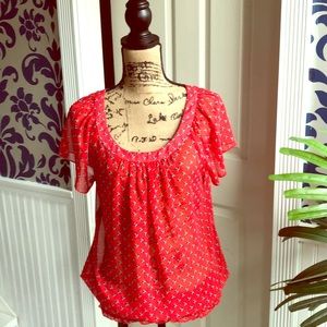 SOLD!!! Red Flutter Sleeved Sheer Blouse